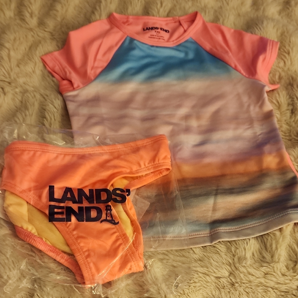 Nwt Sz 2T-3T Lands' End Sunset Ocean SS Rashguard & Pink Bikini Bottoms Swimwear